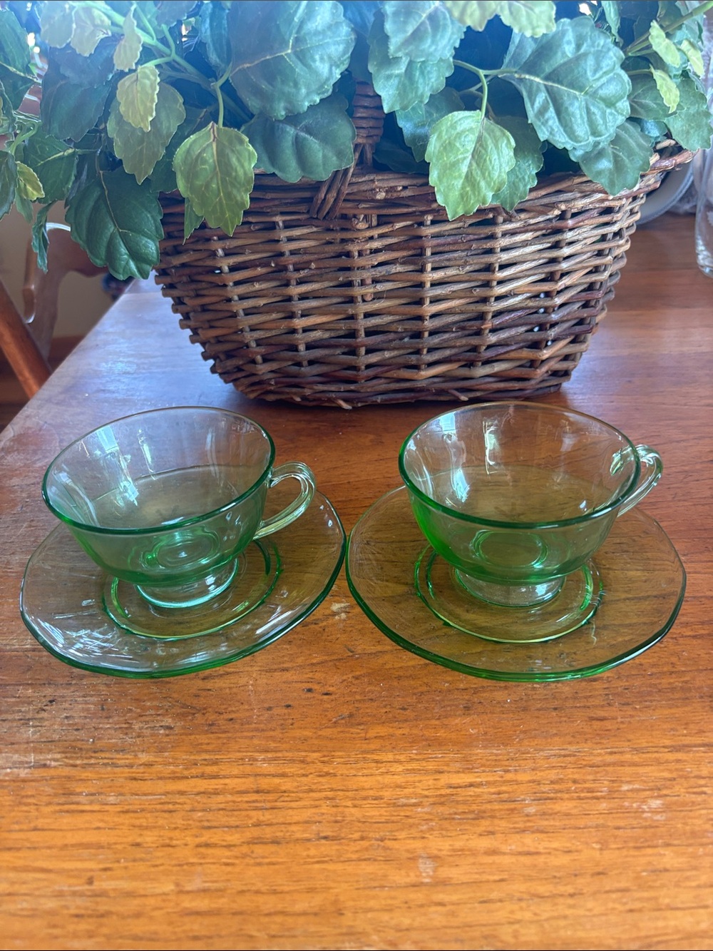 Vintage Fostoria Fairfax pattern pair of green uranium glass tea cups & saucers